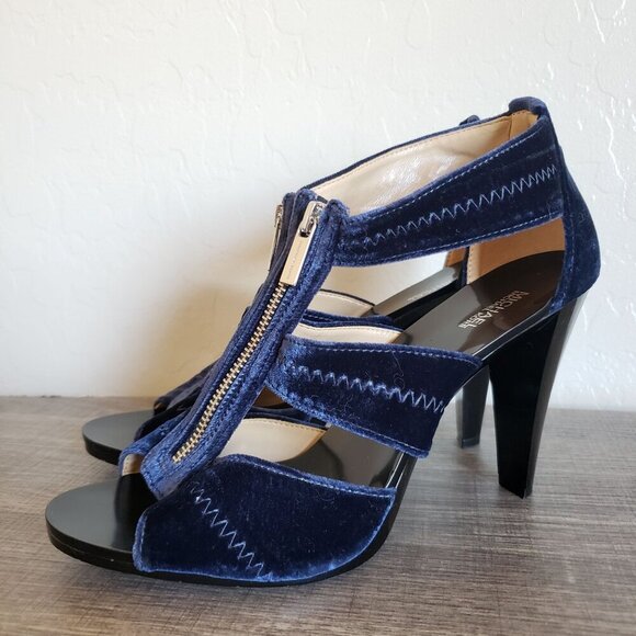 Michael Kors Berkley Velvet T-Strap Heels Admiral Blue Size Women's 10 Zippered - Picture 1 of 12